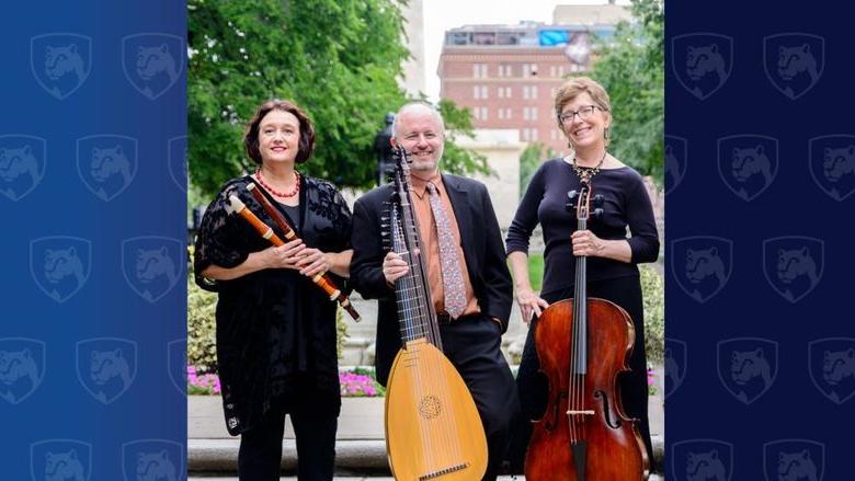 Woman, man, and a woman holding musical instruments